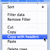 To copy data including column headers right click and choose 'Copy with headers' from the context menu