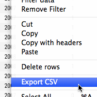 To export a dataset as CSV file, choose 'Export CSV' from the context menu
